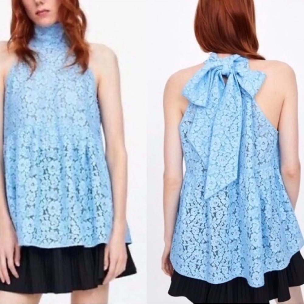 Zara halter top Blue Lace Peplum Sleeveless High neck preppy  Size xs